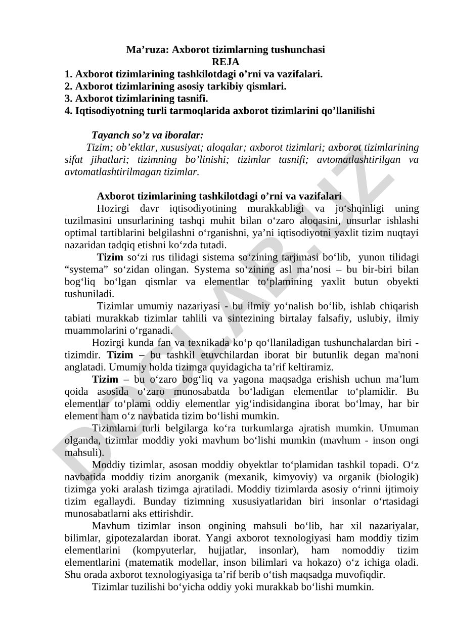 Axborot tizimlarning tushunchasi