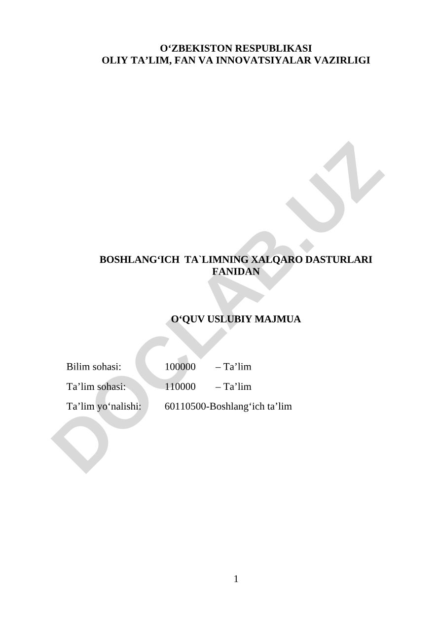 Boshlang'ich ta'limning xalqaro dasturlari fani o'quv uslubiy majmuasi