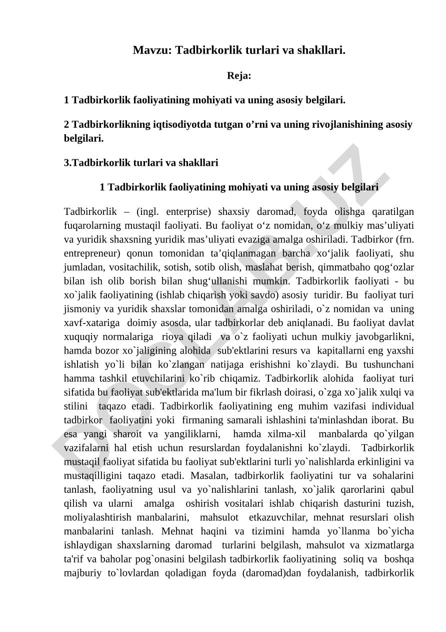 Tadbirkorlik turlari va shakllari