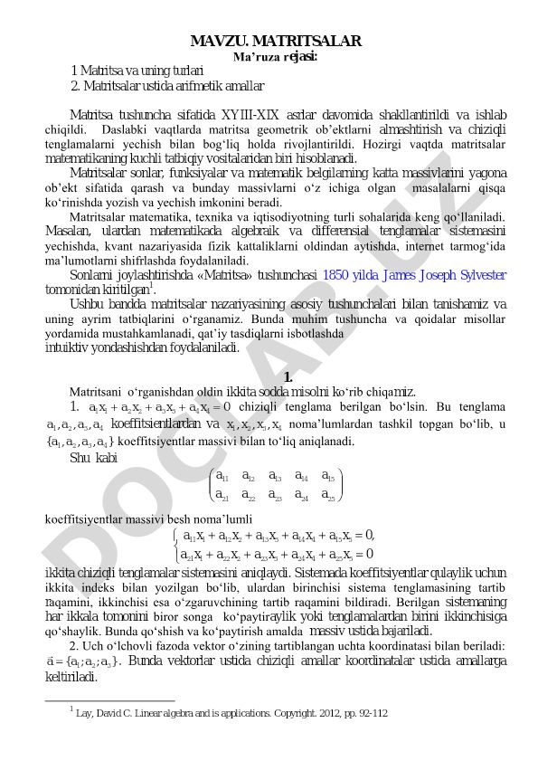 Matritsalar va ularning matematikada qo'llanilishi