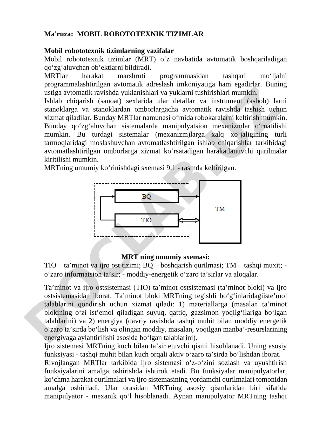 Mobil robototexnik tizimlarning vazifalari va tuzilishi