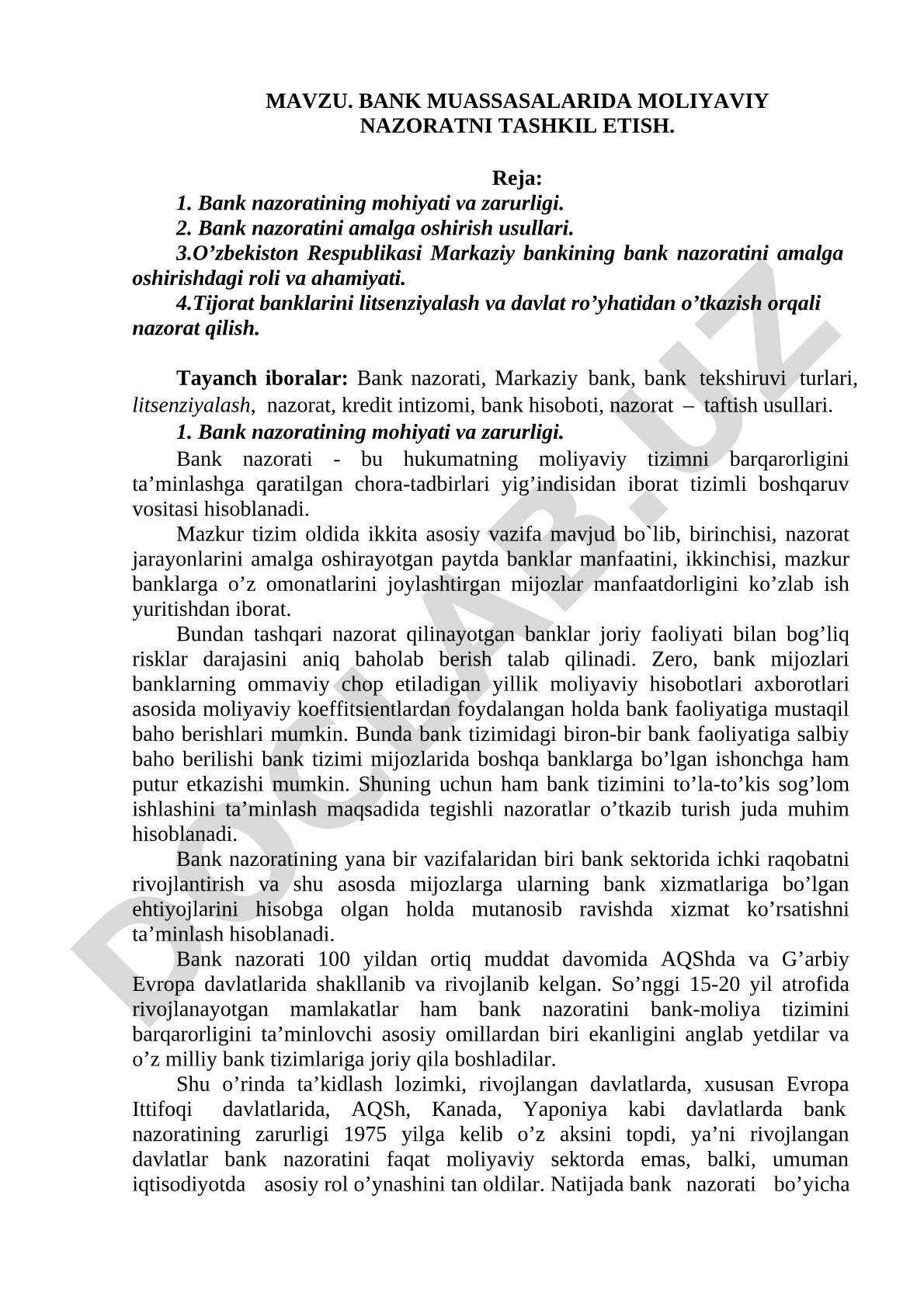 Bank muassasalarida moliyaviy nazoratni tashkil etish