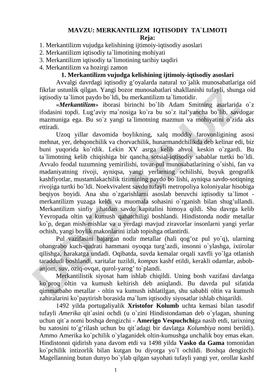 Merkantilizm iqtisodiy ta`limoti