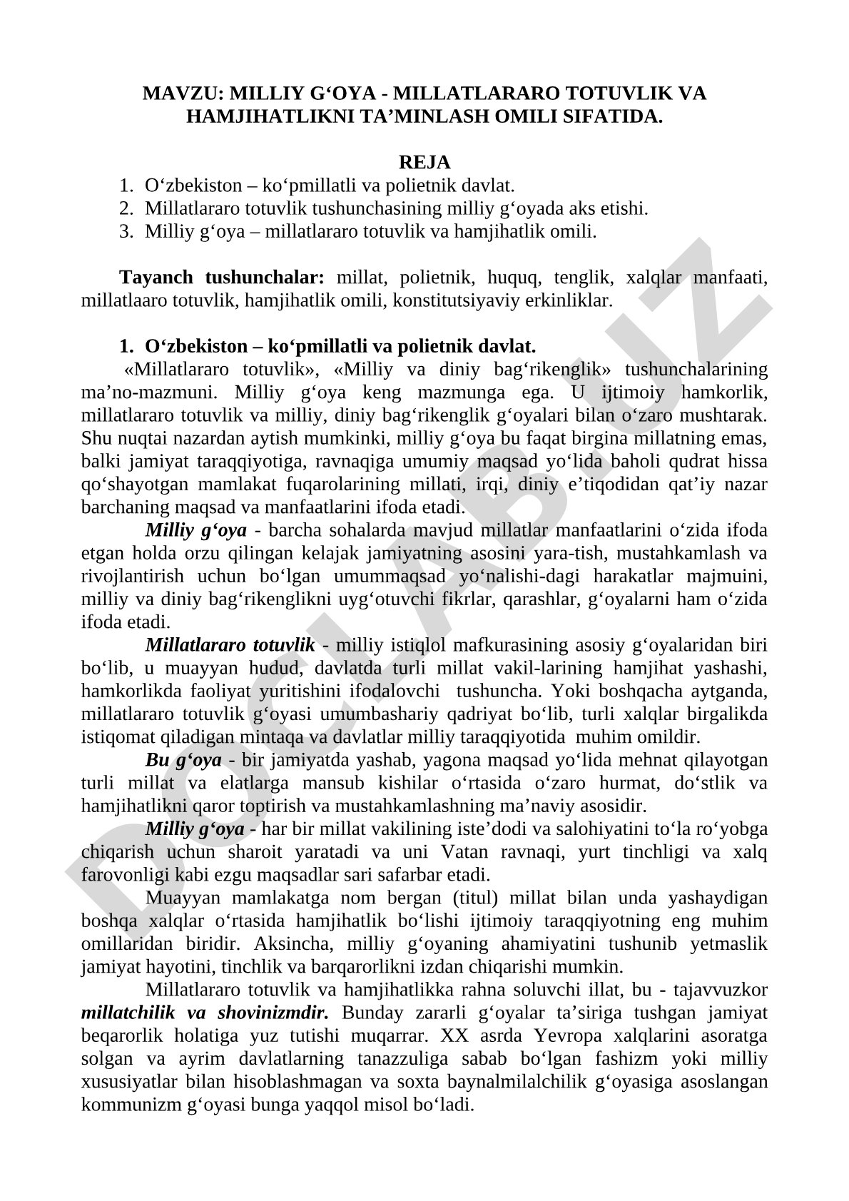 Milliy g‘oya - millatlararo totuvlik va hamjihatlikni ta’minlash omili sifatida