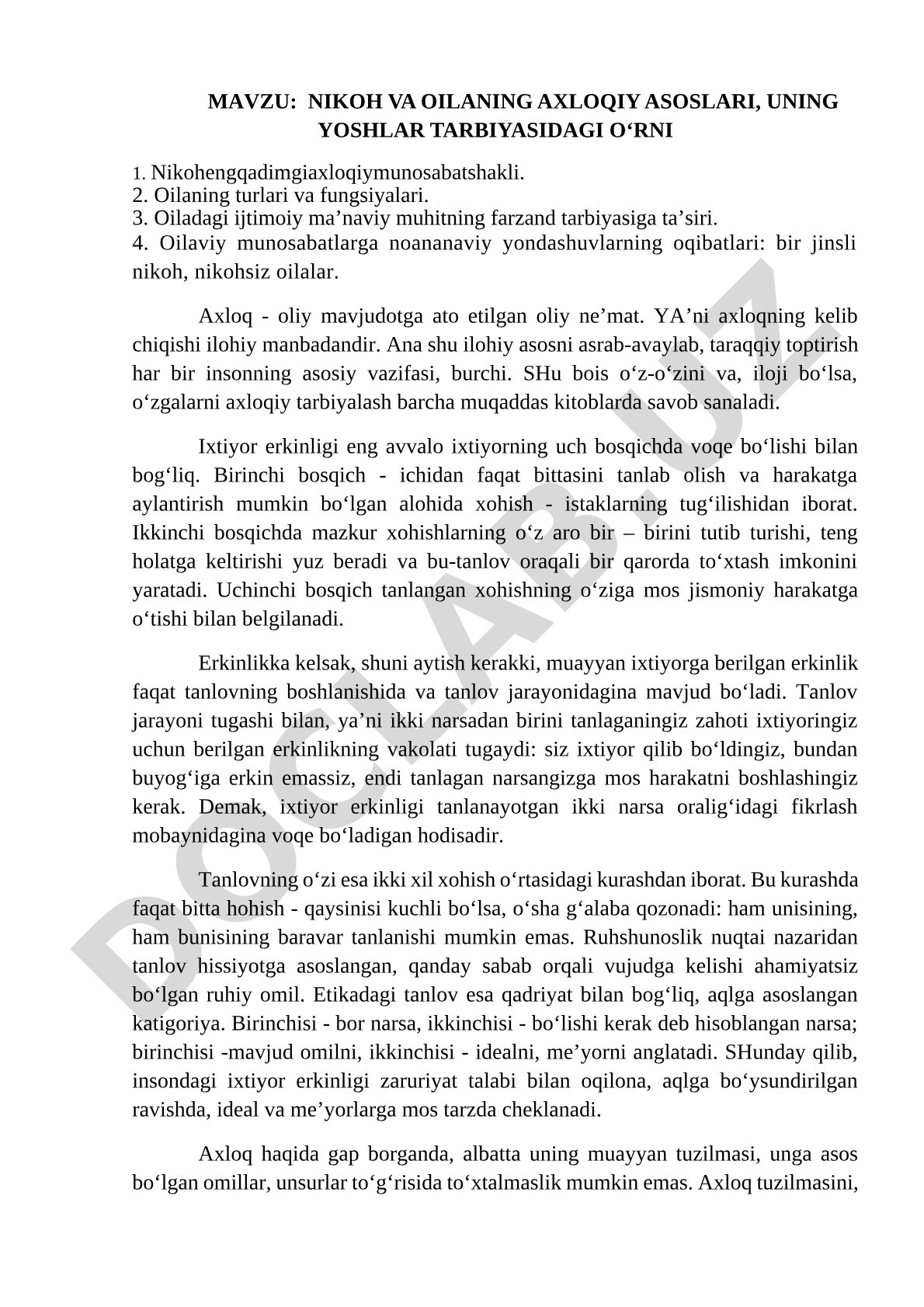 NIKOH VA OILANING AXLOQIY ASOSLARI, UNING YOSHLAR TARBIYASIDAGI O‘RNI