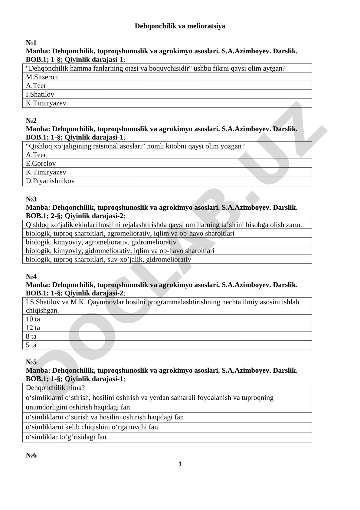 Dehqonchilik, tuproqshunoslik va agrokimyo asoslari test savollari