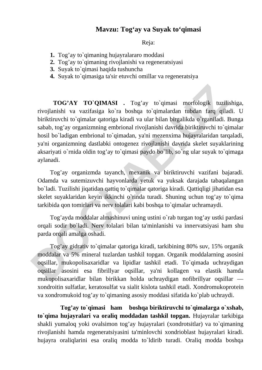 Tog‘ay va Suyak to‘qimasi
