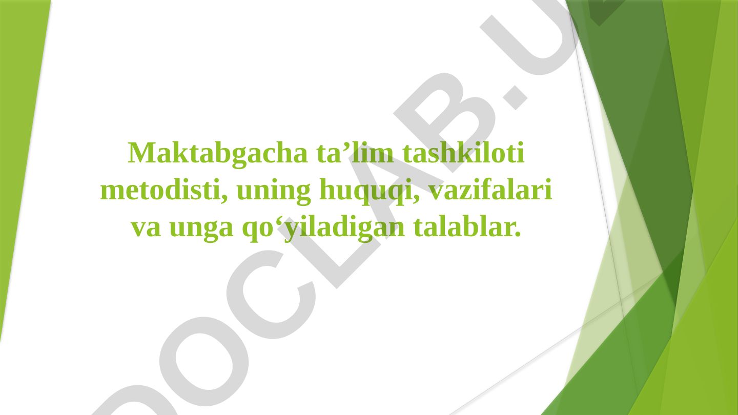 Maktabgacha ta’lim muassasasi metodistining lavozim vazifalari va malaka talablari