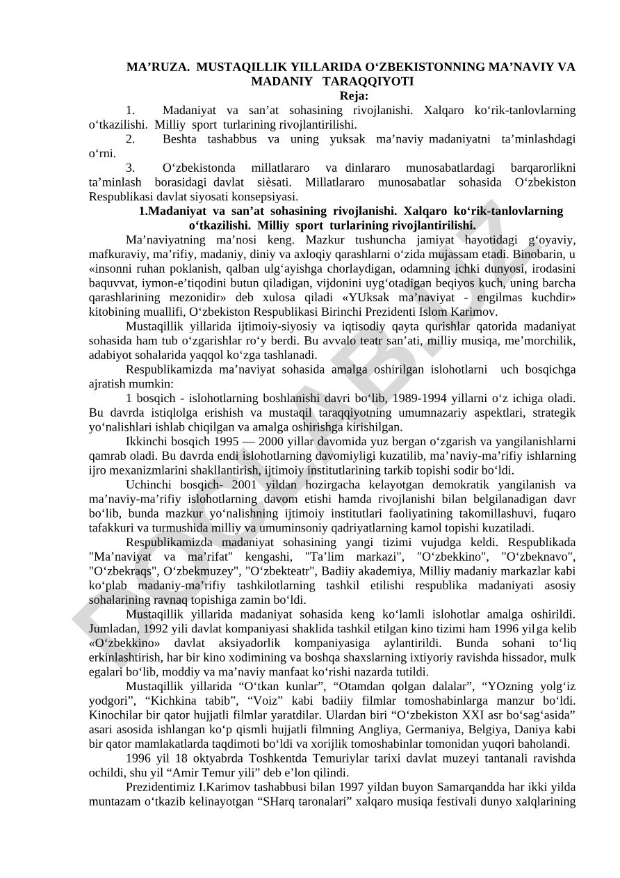 Mustaqillik yillarida O'zbekistonning ma'naviy va madaniy taraqqiyoti