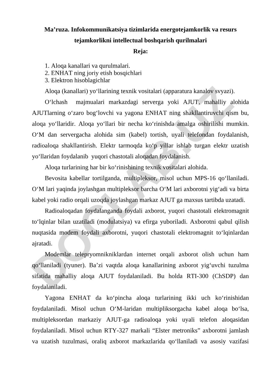 Infokommunikatsiya tizimlarida energotejamkorlik va resurs tejamkorlikni intellektual boshqarish qurilmalari
