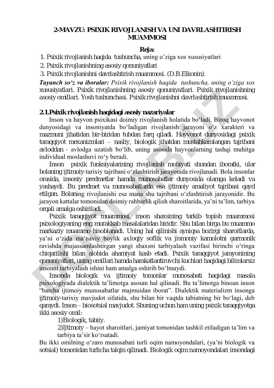 Psixik rivojlanish va uni davrlashtirish muammosi