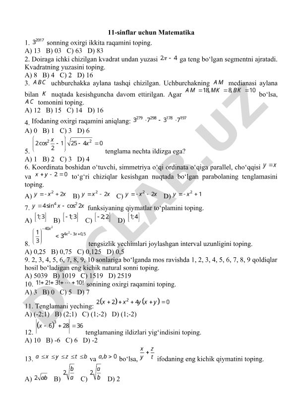 Matematika test savollari va masalalari