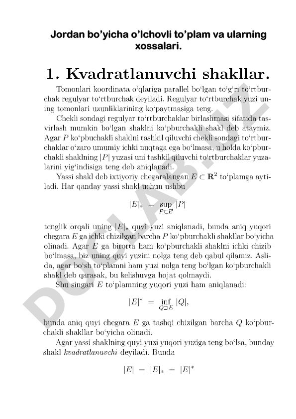 Jordan bo'yicha o'lchovli to'plam va ularning xossalari