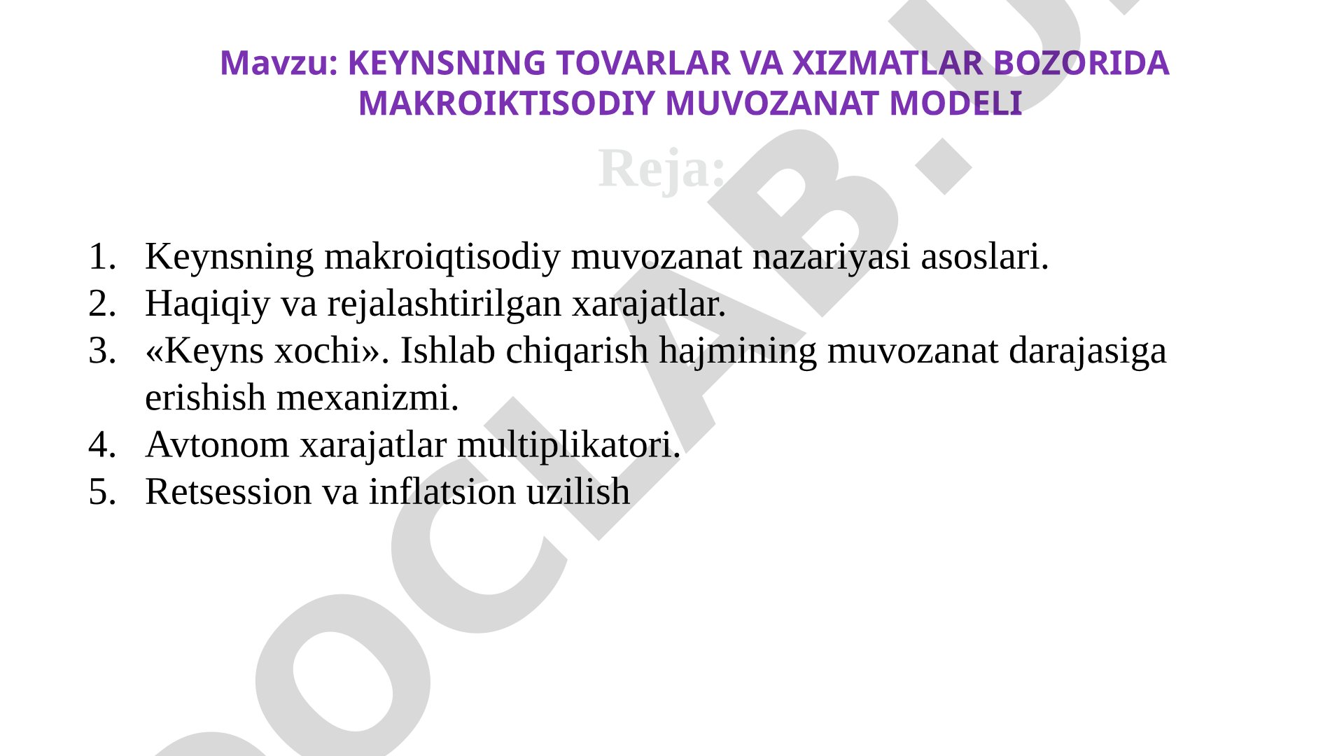 Keynsning tovarlar va xizmatlar bozorida makroiqtisodiy muvozanat modeli