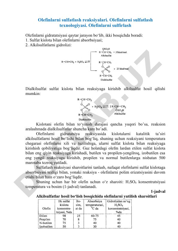 Olefinlarni sulfatlash reaksiyalari va texnologiyasi
