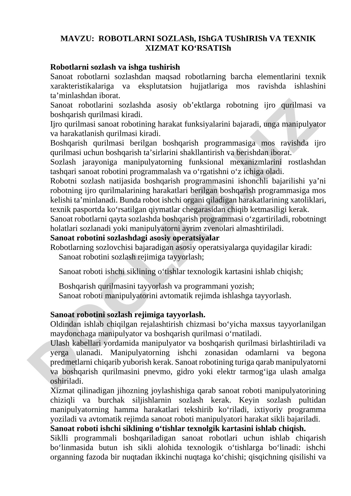 ROBOTLARNI SOZLASH, ISHGA TUSHIRISH VA TEKNIK XIZMAT KO‘RSATISH