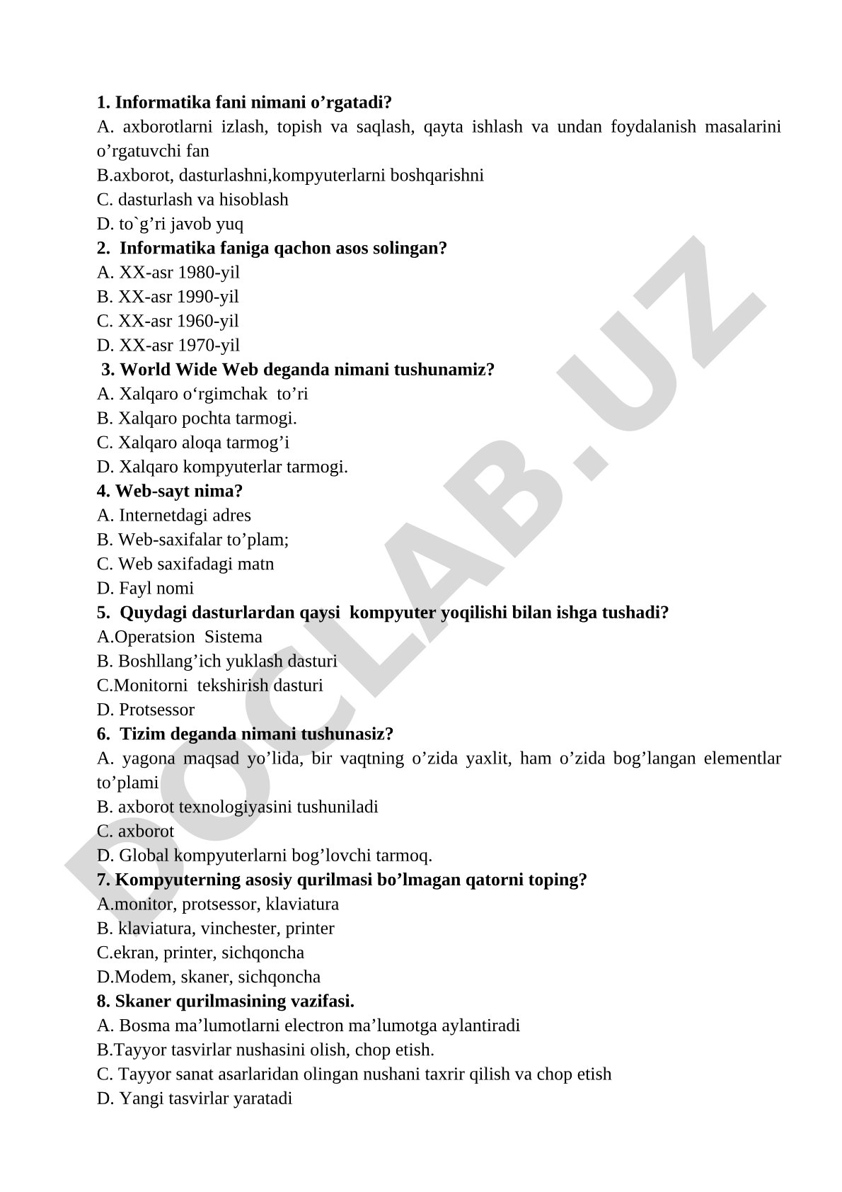 Informatika faniga oid test savollari