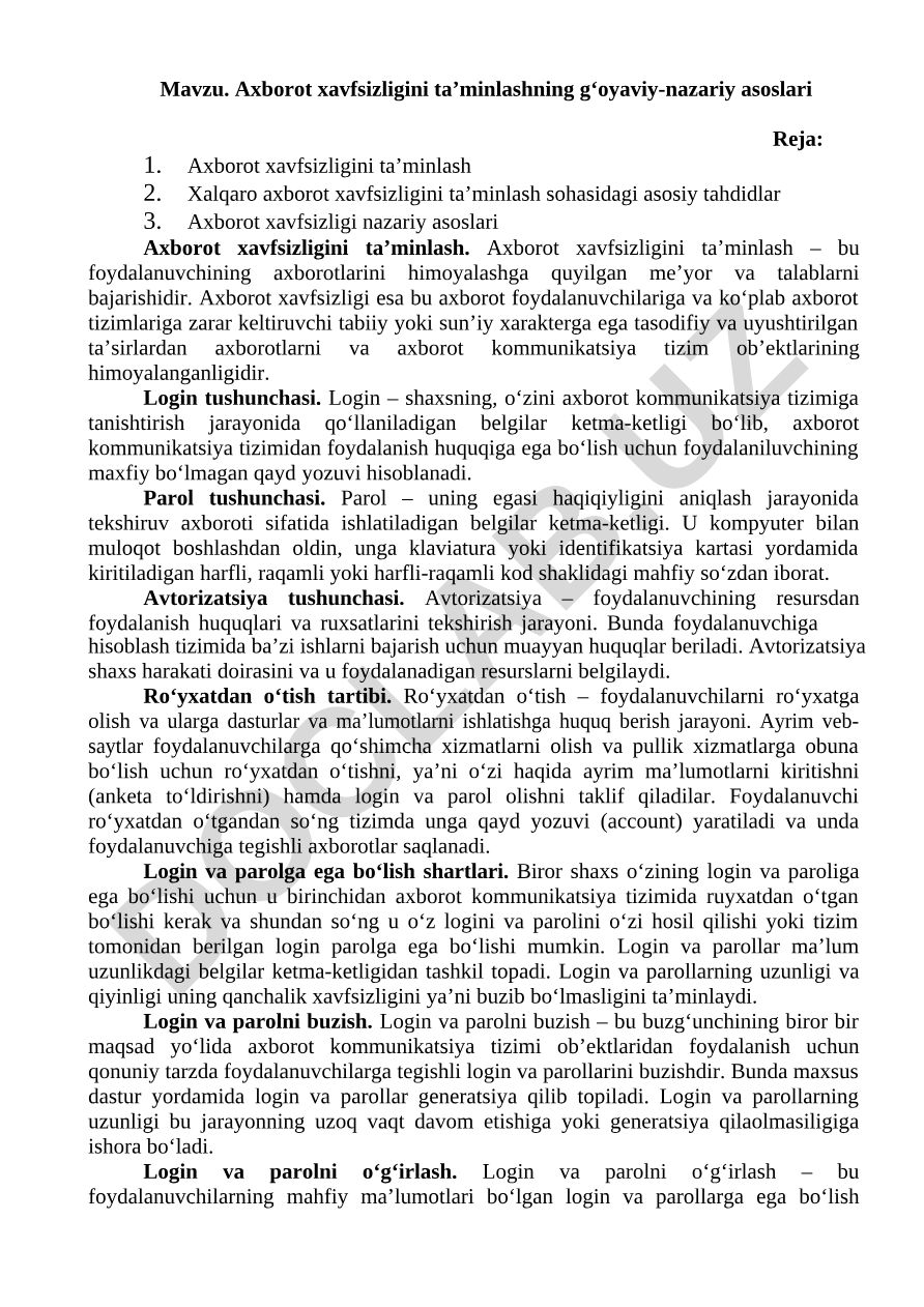 Axborot xavfsizligini ta'minlashning g'oyaviy-nazariy asoslari