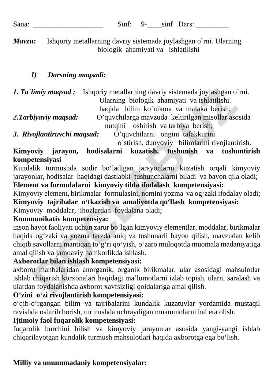 Ishqoriy mеtallarning davriy sistеmada joylashgan o`rni. Ularning biologik ahamiyati va ishlatilishi