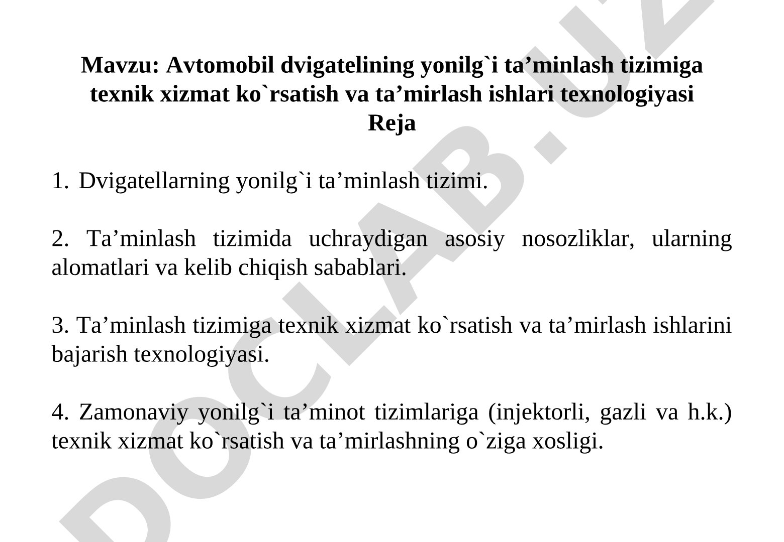 Avtomobil dvigatеlining yonilg`i ta’minlash tizimiga texnik xizmat ko`rsatish va ta’mirlash ishlari tеxnologiyasi
