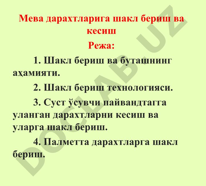 Мева дарахтларига шакл бериш ва кесиш технологияси