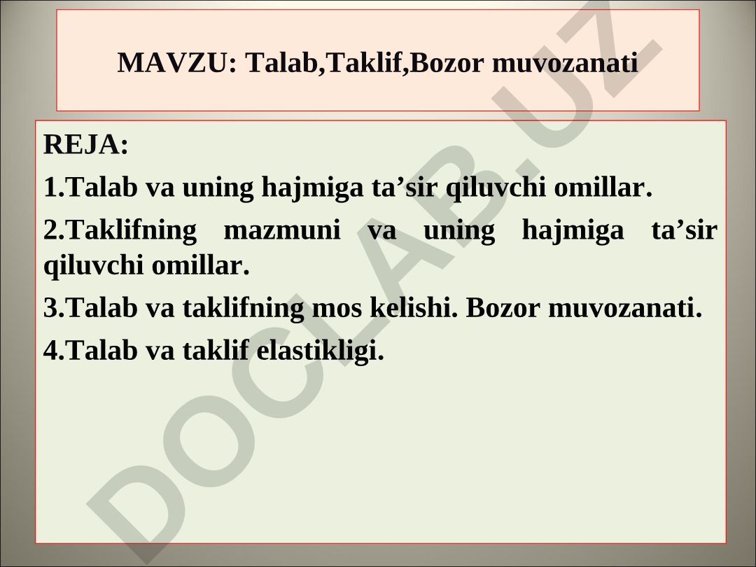 Talab, Taklif, Bozor muvozanati