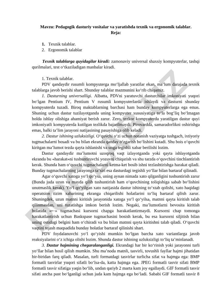 Pedagogik dasturiy vositalar va yaratishda texnik va ergonomik talablar