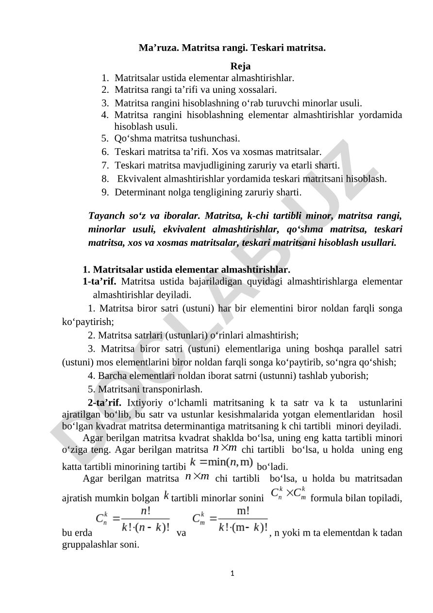 Matritsa rangi va teskari matritsa hisoblash usullari