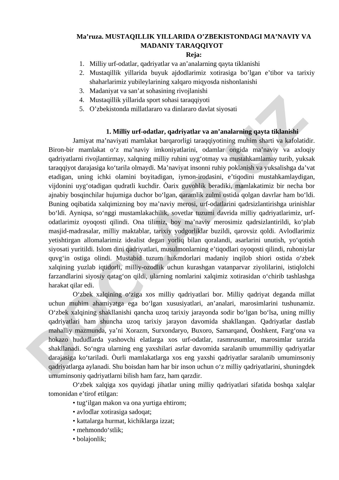 Mustaqillik yillarida O'zbekistondagi ma'naviy va madaniy taraqqiyot