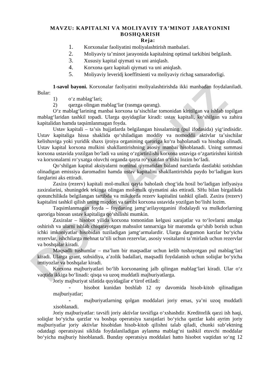 KAPITALNI VA MOLIYAVIY TA’MINOT JARAYONINI BOSHQARISH