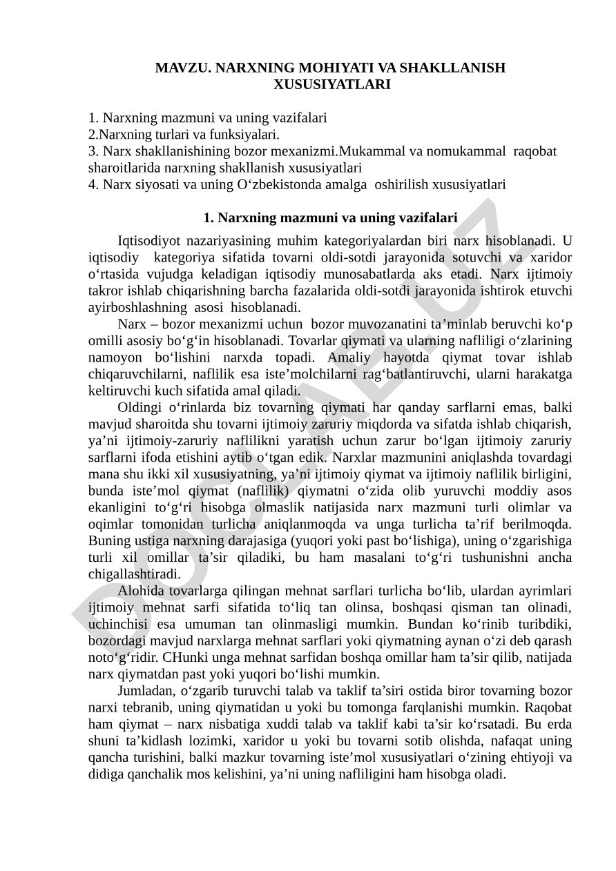Narxning mohiyati va shakllanish xususiyatlari