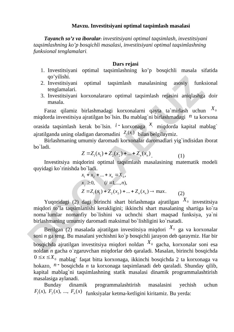 Investitsiyani optimal taqsimlash masalasi