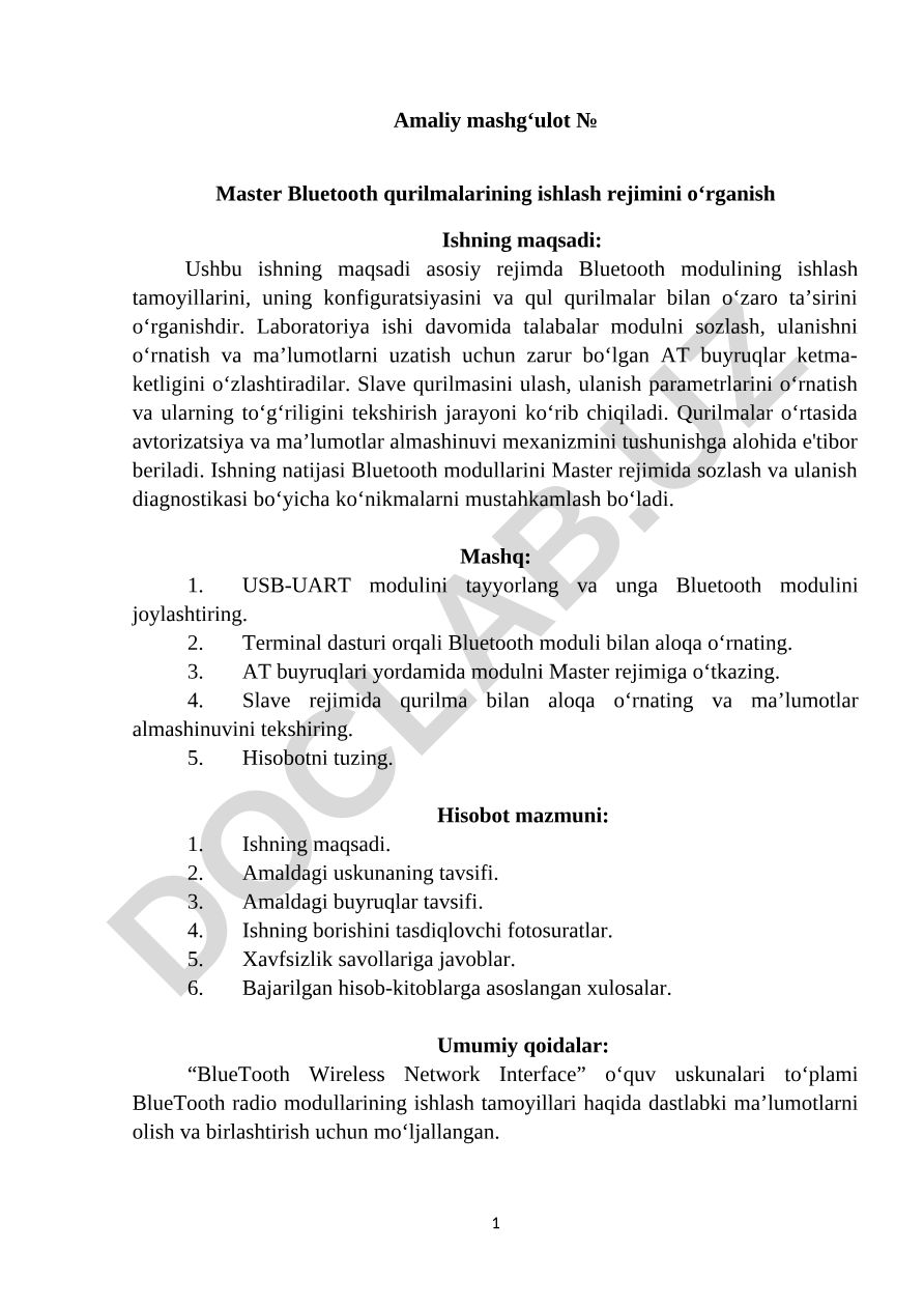 Master Bluetooth qurilmalarining ishlash rejimini o‘rganish