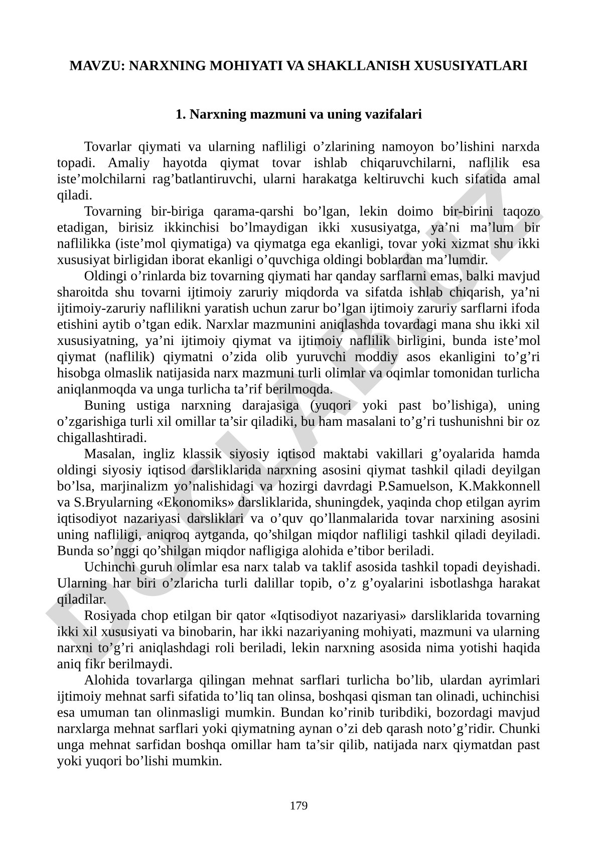 NARXNING MOHIYATI VA SHAKLLANISH XUSUSIYATLARI