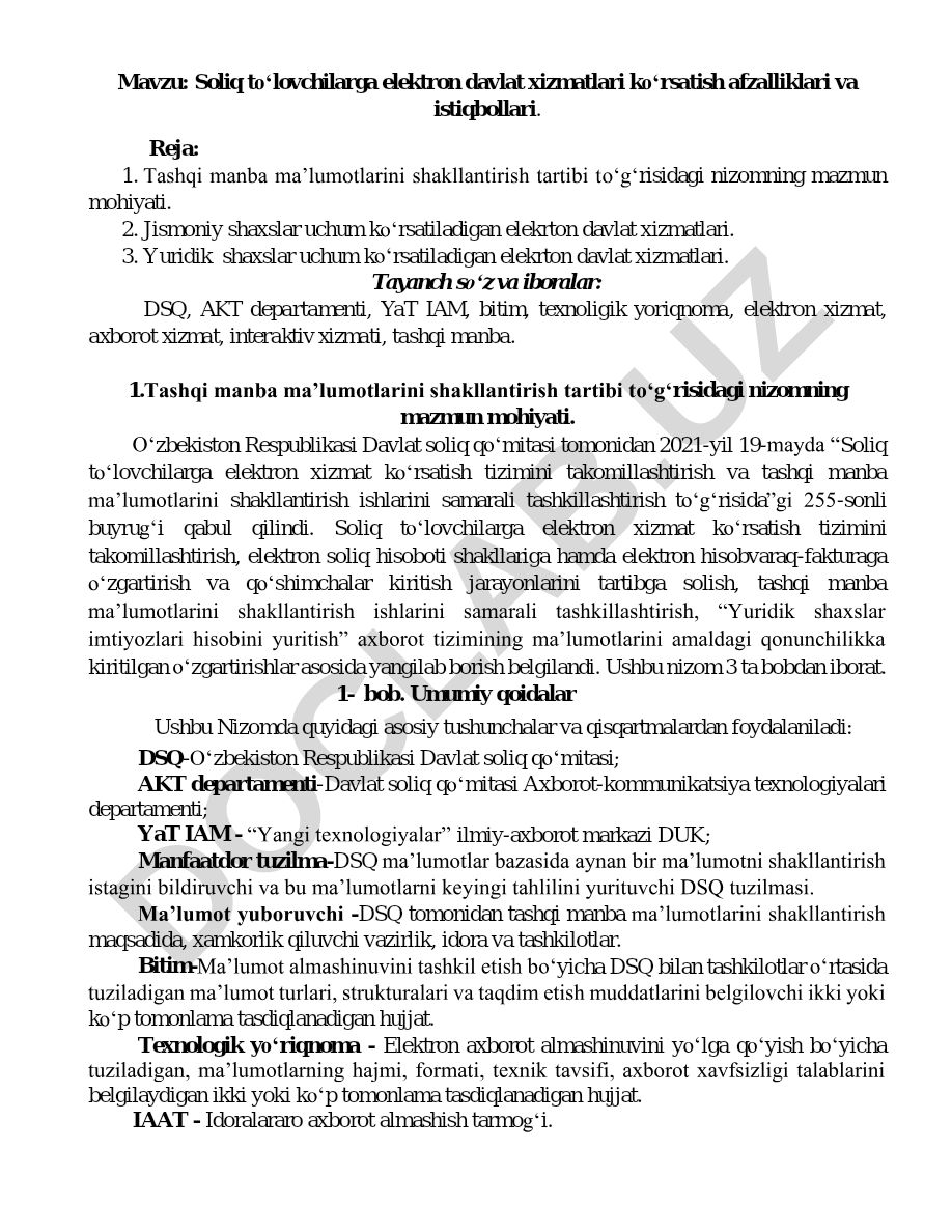 Soliq to‘lovchilarga elektron davlat xizmatlari ko‘rsatish afzalliklari va istiqbollari