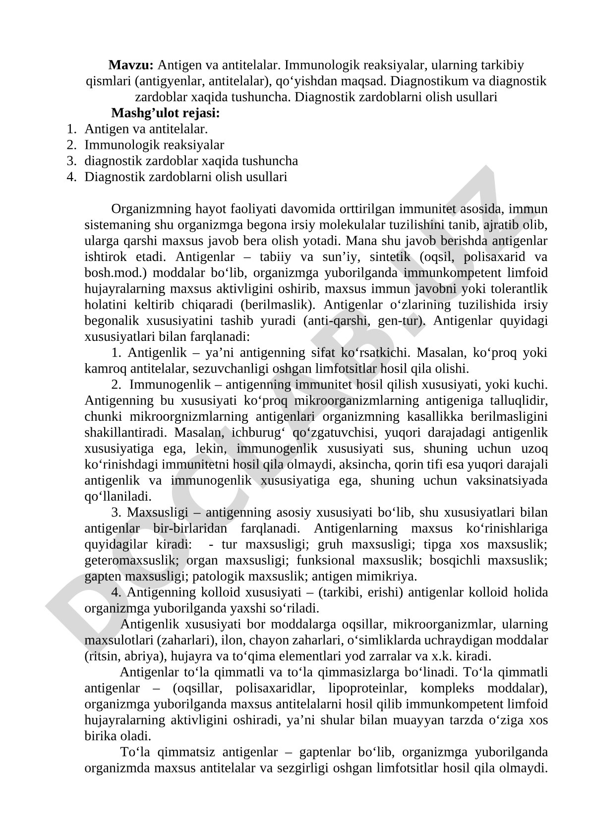 Antigen va antitelalar. Immunologik reaksiyalar, ularning tarkibiy qismlari (antigyenlar, antitelalar), qo‘yishdan maqsad. Diagnostikum va diagnostik zardoblar xaqida tushuncha. Diagnostik zardoblarni olish usullari