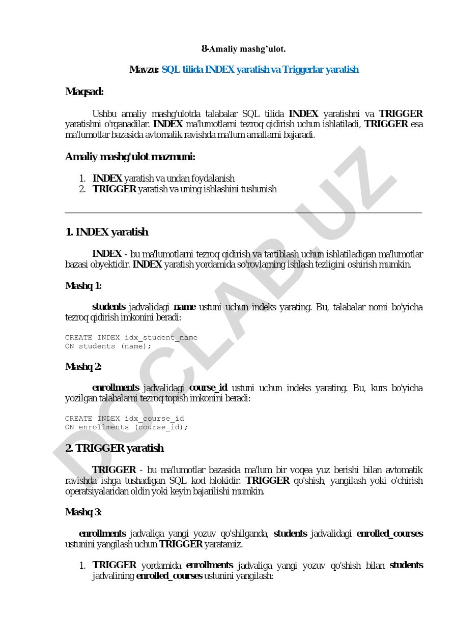 SQL tilida INDEX yaratish va Triggerlar yaratish