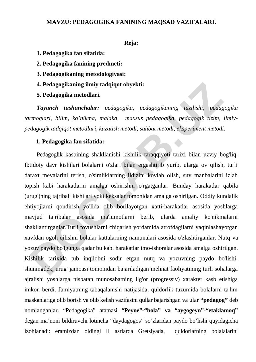 PEDAGOGIKA FANINING MAQSAD VAZIFALARI
