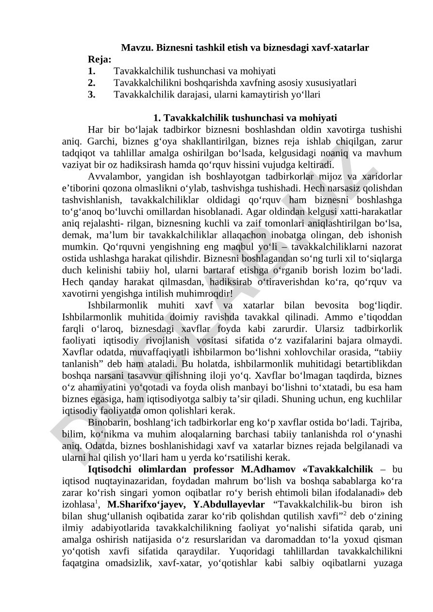 Biznesni tashkil etish va biznesdagi xavf-xatarlar