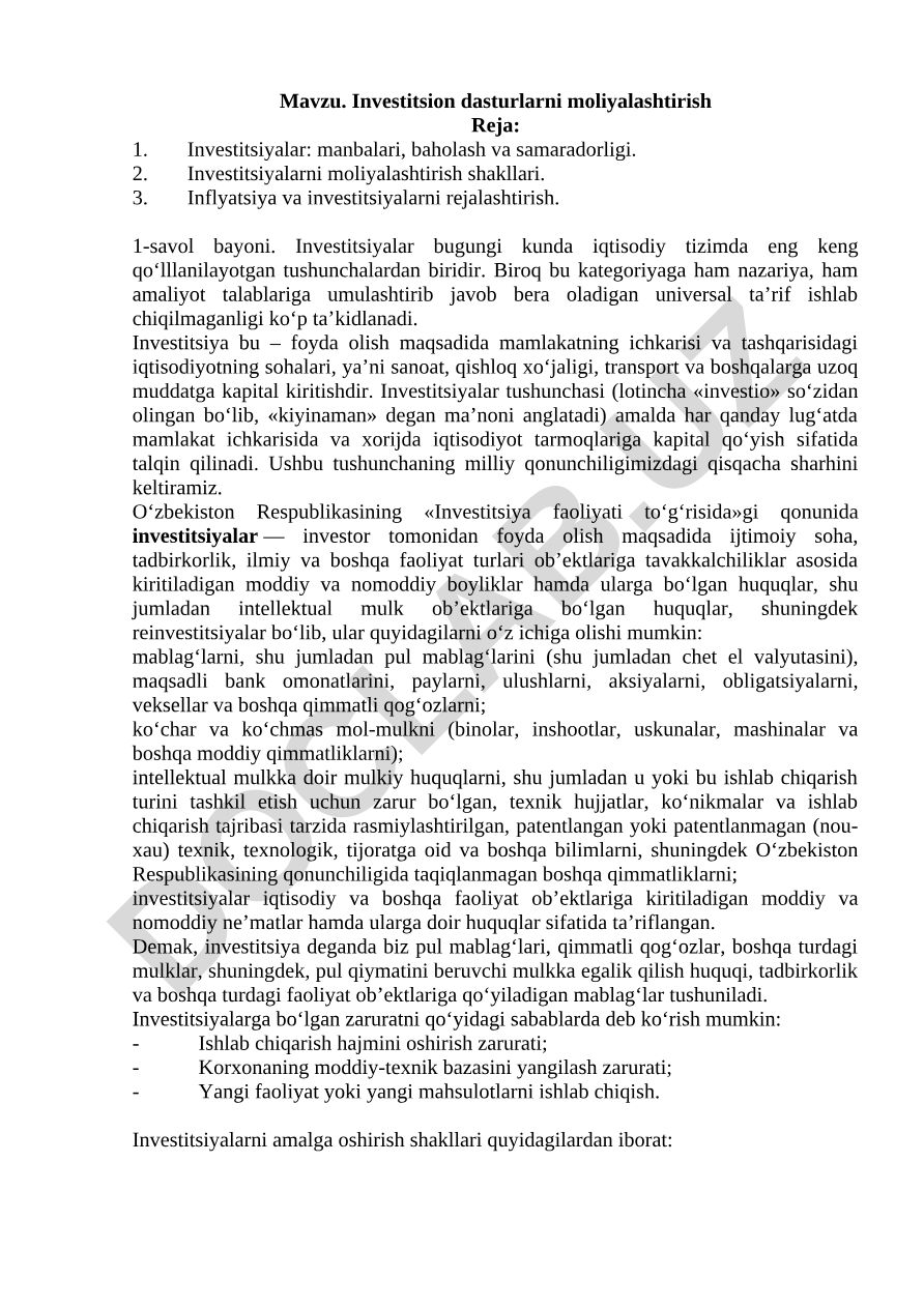 Investitsion dasturlarni moliyalashtirish