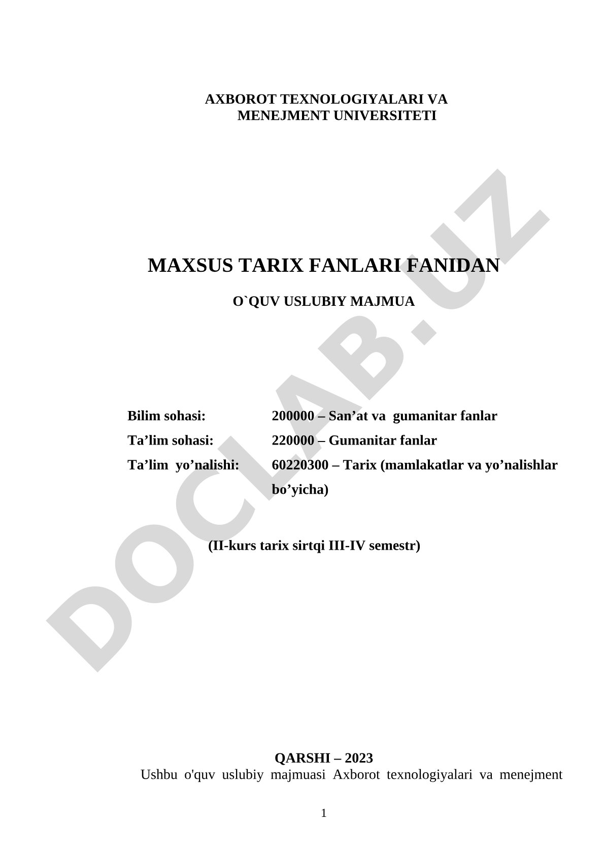 Maxsus tarixiy fanlar o'quv uslubiy majmuasi