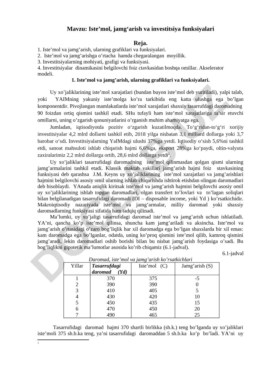 Iste’mol, jamg‘arish va investitsiya funksiyalari