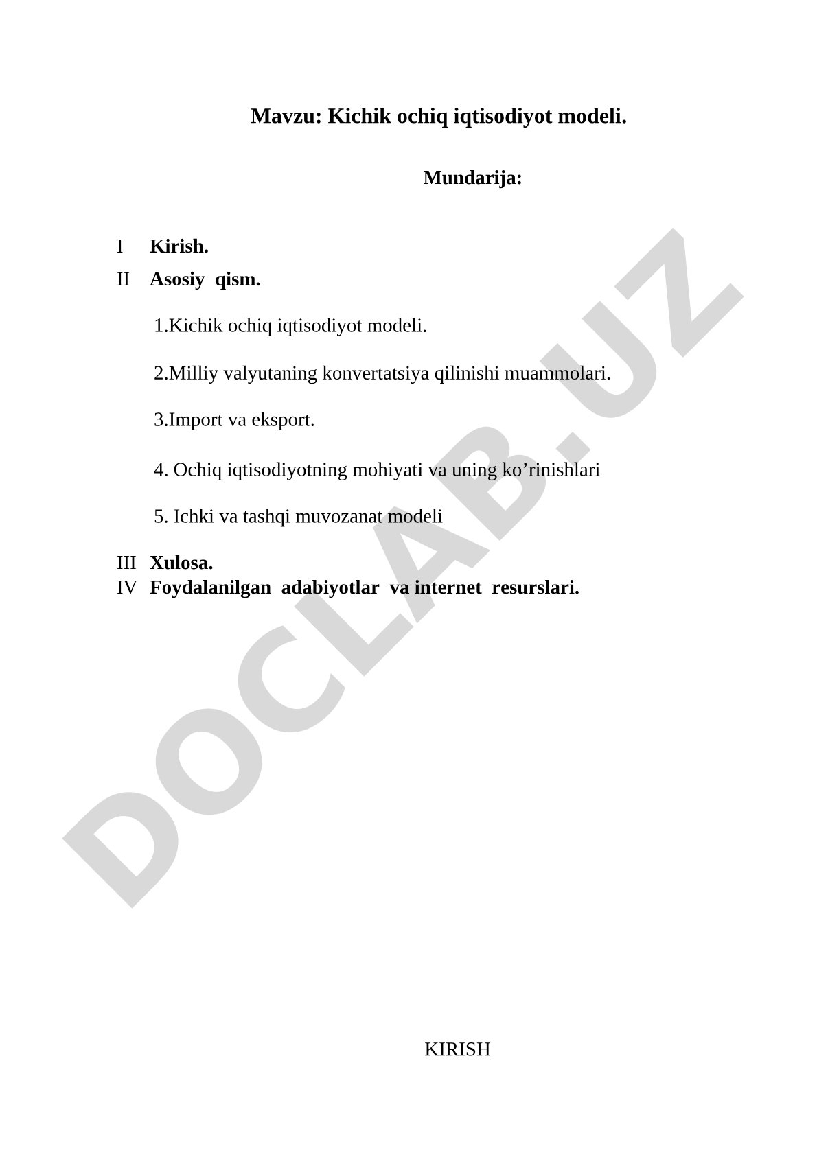 Kichik ochiq iqtisodiyot modeli