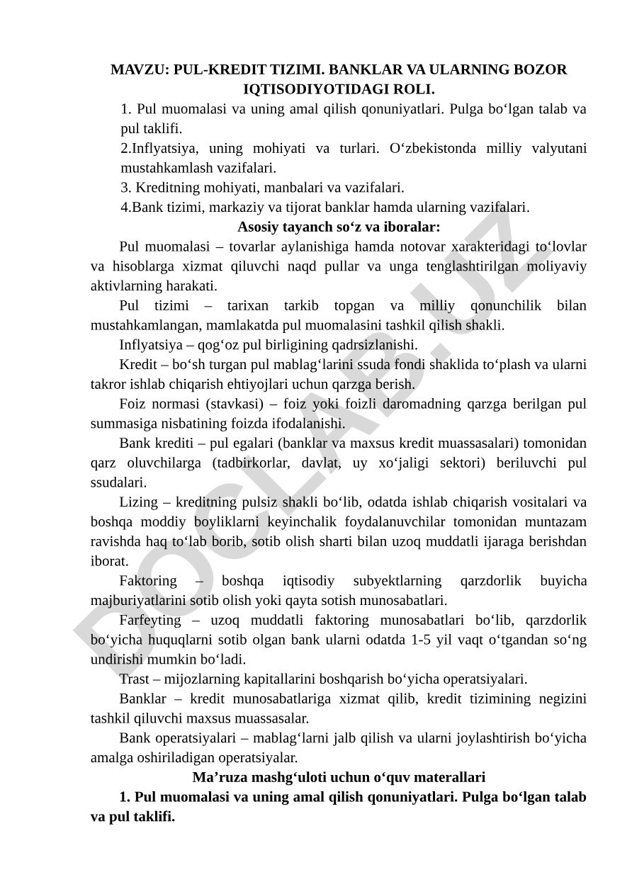 PUL-KREDIT TIZIMI. BANKLAR VA ULARNING BOZOR IQTISODIYOTIDAGI ROLI
