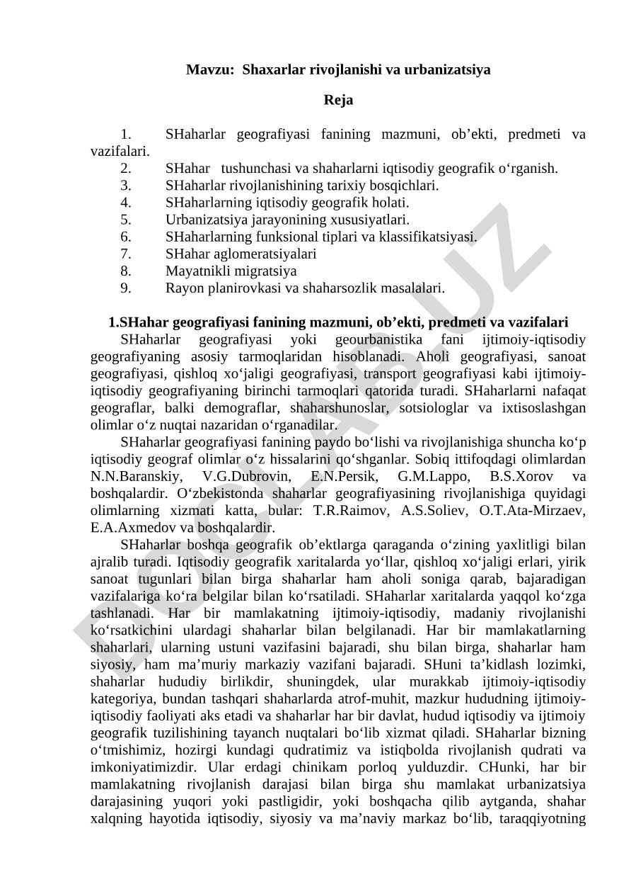 Shaxarlar rivojlanishi va urbanizatsiya