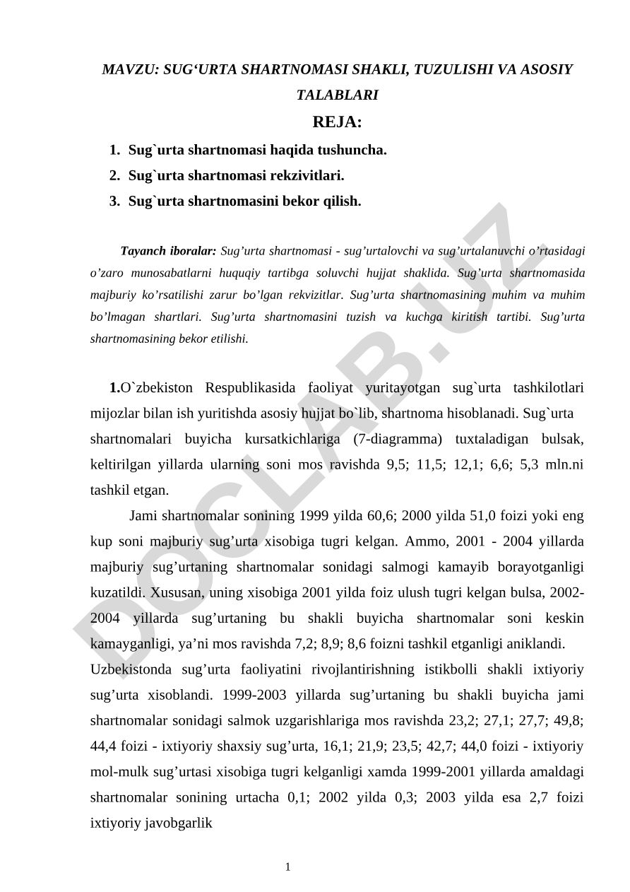 Sug‘urta shartnomasi shakli, tuzilishi va asosiy talablari