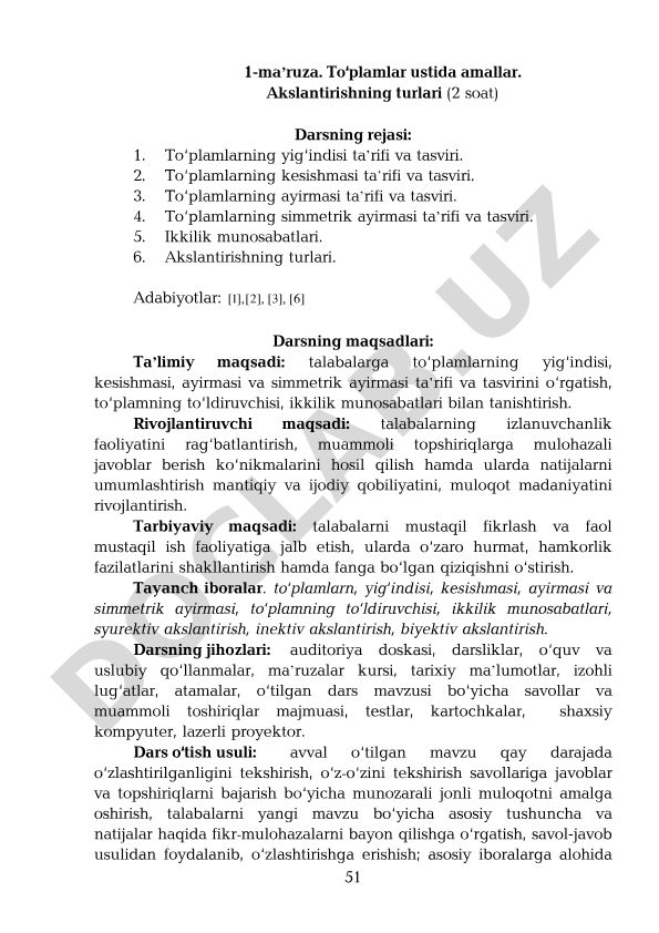 To‘plamlar ustida amallar va akslantirishning turlari