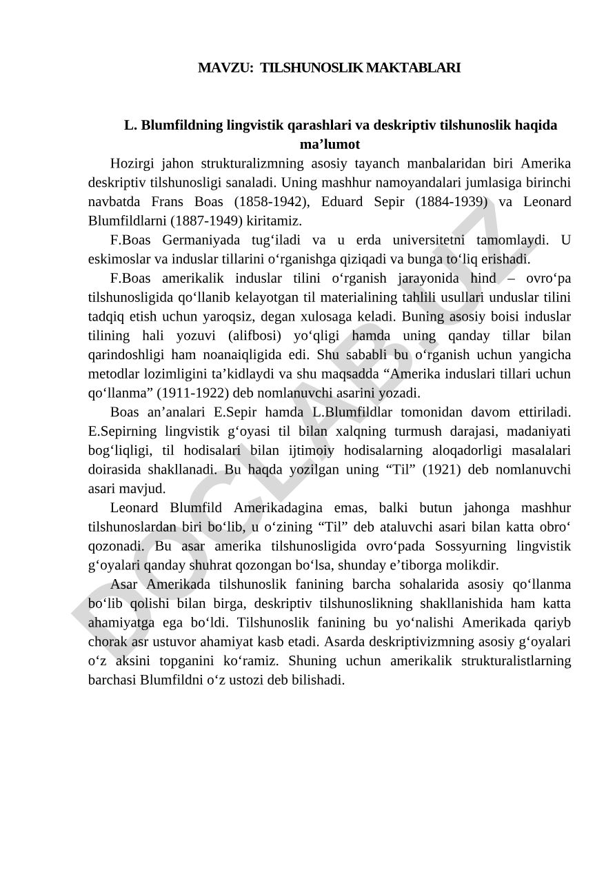 Tilshunoslik maktablari L. Blumfildning lingvistik qarashlari va deskriptiv tilshunoslik haqida ma’lumot