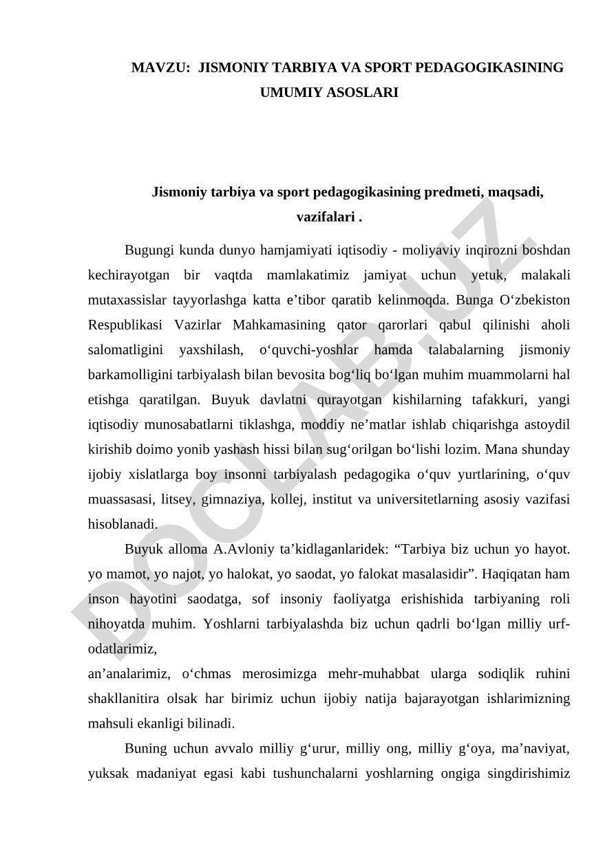 Jismoniy tarbiya va sport pedagogikasining umumiy asoslari
