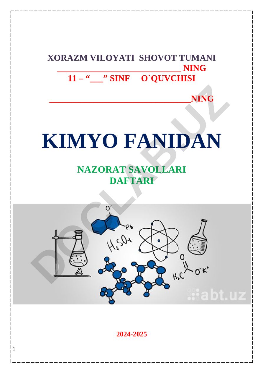 Kimyo fanidan nazorat savollari
